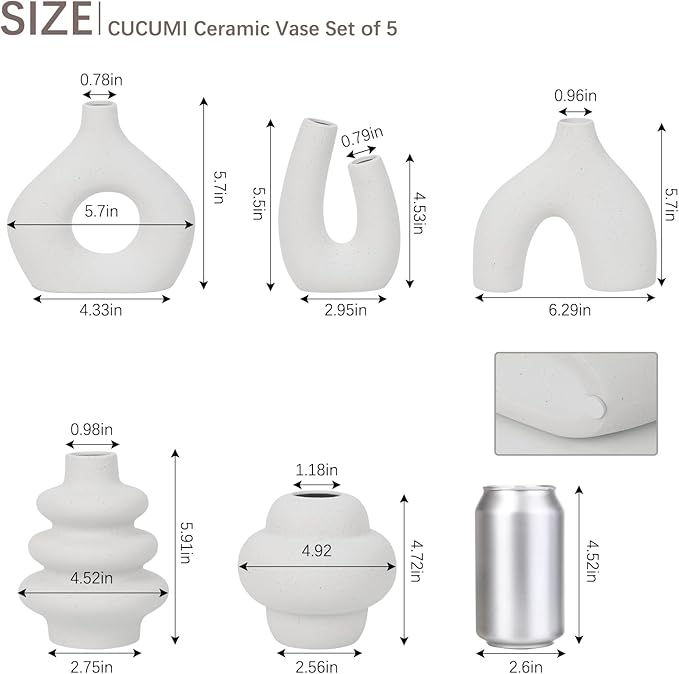CUCUMI Ceramic Flower Vase Set of 5 Modern Nordic Boho Style Decorative Vases Home Decor, Matte Ceramic Decorations for Living Room Shelf, Bookshelf Mantle Entryway Table or Console Décor