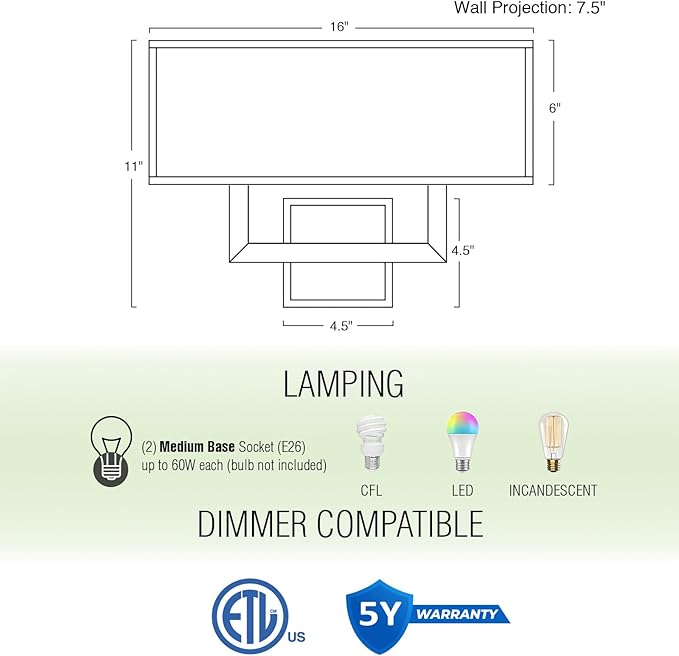 Kira Home Haven 16" 2-Light Modern Wall Sconce/Wall Light + Rectangular Black Fabric Shade, Cool Brass Finish