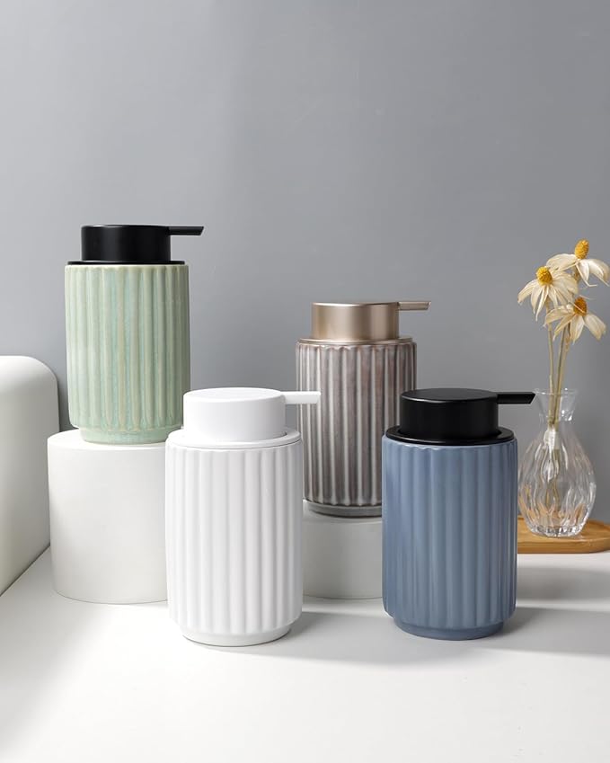 Foaming Soap Dispenser, Ceramic Refillable Foam Hand Soap Pump for Bathroom and Kitchen, Lotion Dispenser, Brown Foaming Dish Soap Dispenser, Modern Stripe Design, ANTIS'S HOME