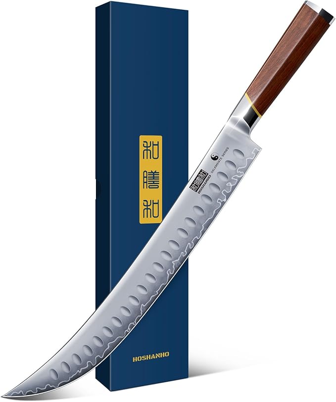 HOSHANHO Brisket Slicing Knife 12 Inch, Japanese High Carbon Steel Butcher Breaking Knife with Ergonomic Handle, Razor Sharp Curved Carving Knives for Meat, BBQ