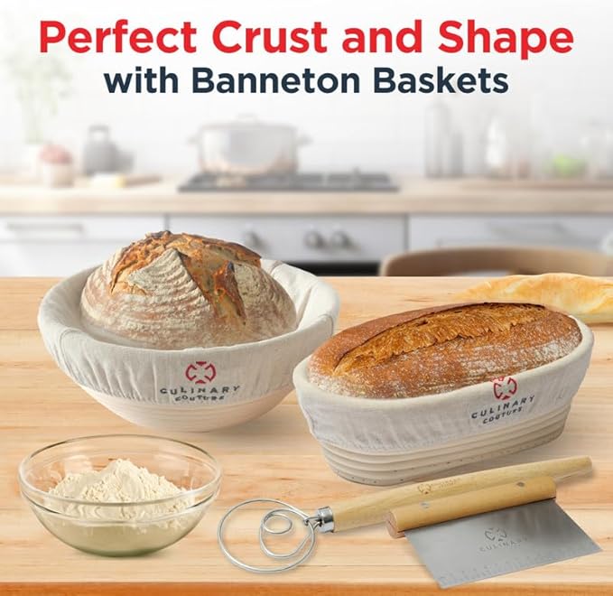 Bread Proofing Basket Set of 2 - Round 9" & Oval 8" Sourdough Bread Baking Supplies w/Linen Liner, Scrapers, Scoring Lame, Whisk, Blades Banneton Proofing Baskets - Sourdough Starter Kit for Beginners