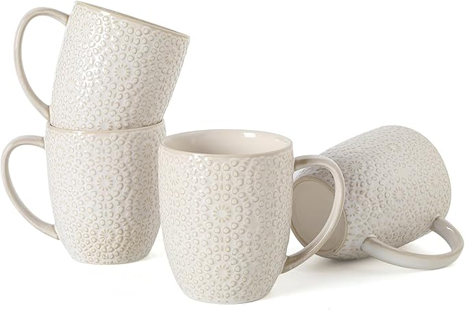 Coffee Mug Set of 4-16 oz Large Ceramic Mugs, Porcelain Embossed Coffee Cups for Cocoa, Tea, Milk, Mocha, Cappuccino - Housewarming Wedding Decoration, Dishwasher Safe, 3.5 x 4.5 inch
