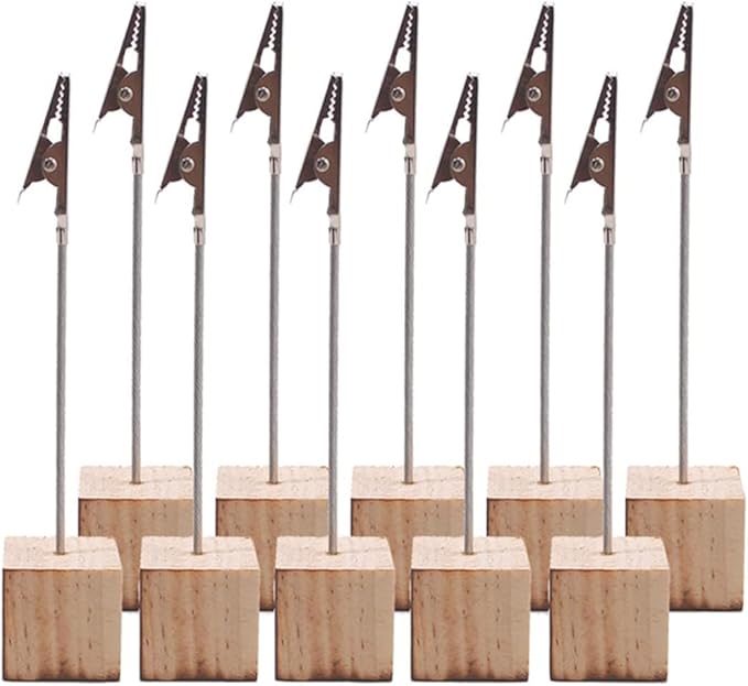 10 Pcs Wood Place Card Holders and 10 Pcs Kraft Place Cards, Photo Holders for Table, Rustic Wood Table Number Holder Stand with Memo Clips for Wedding Party Name Sign