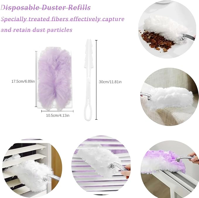 Duster Refills Compatible with Swiffer Duster, Heavy Duty Multi Surface Duster Replacement with 1 Extra Handle for Cleaning Furniture, Blinds, Ceiling Fans and Car (Purple- 20 Pack)