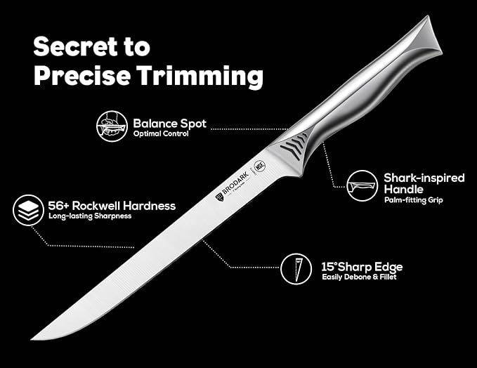 BRODARK Boning Knife - 7" Deboning Knife for Meat Cutting - High Carbon Stainless Steel, One Piece Design Fillet Knives - NSF Certified, Shark Series