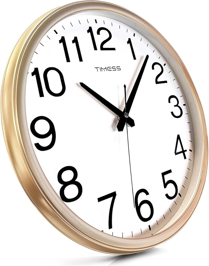 Wall Clock, 13 Inch Large Dial Non-Ticking Silent Battery Operated Quality Analog, Ultra-Quiet Movement Quartz, Timeless Stylish Clock, Ideal Modern Home, Office Décor (Gold)