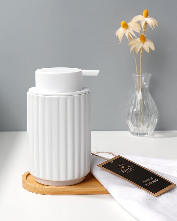 Foaming Soap Dispenser, White Ceramic Refillable Foam Hand Soap Pump for Bathroom Kitchen, 10.5OZ Lotion Dispenser, Foaming Dish Soap Dispenser, Modern Stripe Design, ANTIS'S HOME