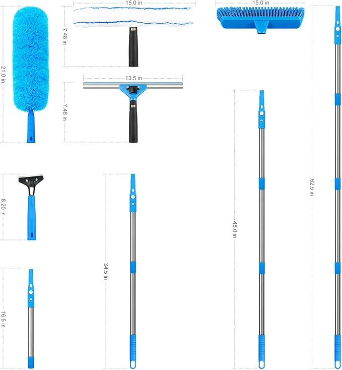 Window Squeegee,5 in 1 Bendable Head Window Squeegee for Home,61''Extension Poles,Bendable Head car Window Cleaner Tool,Squeegee for Shower Glass(Blue)