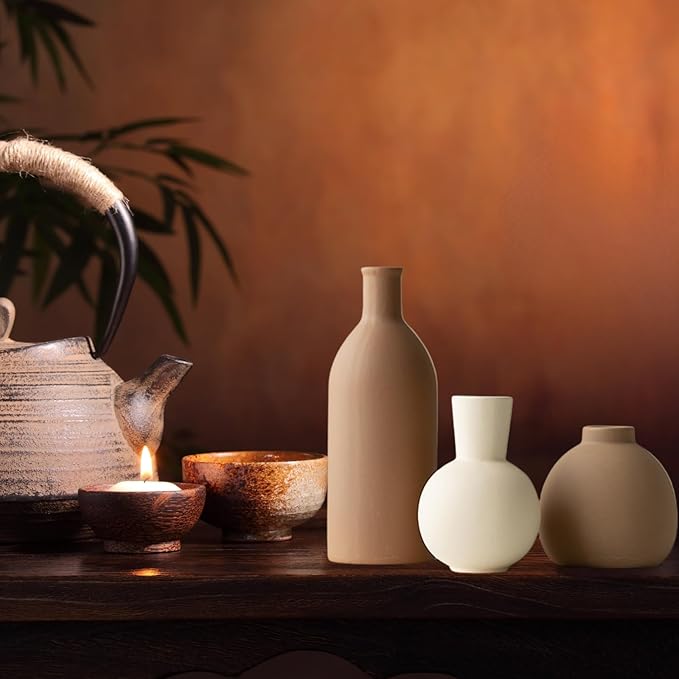 Ceramic Vase Set of 3, Modern Minimalist Farmhouse Style Home Decor Vases, Ideal for Pampas Grass & Dried Flowers, Perfect for Kitchen, Bedroom, Living Room & Dining Table Centerpiece(Brown)
