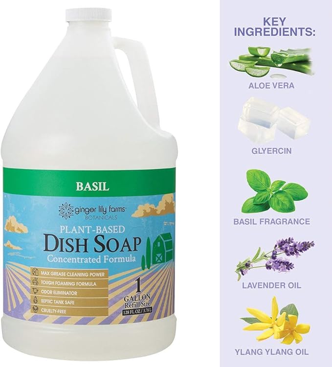 Ginger Lily Farms Botanicals Plant-Based Liquid Dish Soap, Concentrated Formula with Max Grease Cleaning Power, Cruelty-Free, Basil Scent, 1 Gallon Refill (128 Fl. Oz.) (Pack of 4)