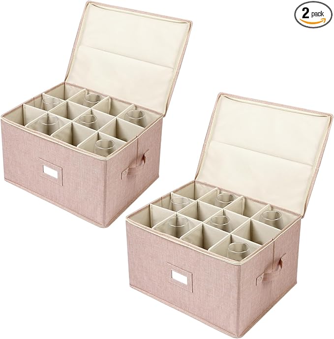popoly Wine Glass Storage Box 2 Pack, Stemware Storage Containers Cases with Dividers, Stackable Moving Supplies for 12 Wine Glasses, Drinkware, Glassware or Crystal (Beige)