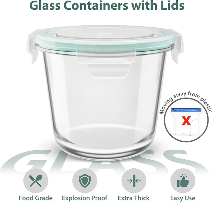 3 Cup Glass Meal Prep Containers With Turquoise Lids, Airtight 23oz glass Storage Container Set, Heat-Resistant BPA-Free for feeding the Southern Starter, Microwave, Dishwasher, Freezer Safe (4 Packs)
