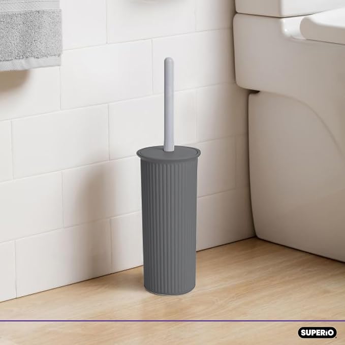 Superio Decorative Plastic Toilet Bowl Brush and Holder Set, Cleaner Scrubber for Bathroom (2, Grey)