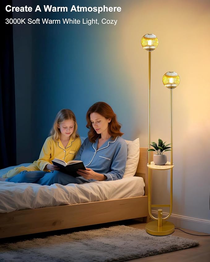 Lightdot Glass Floor Lamp with Tray, 2Pcs 3000K Soft Warm White Bulbs Included, Mid Century Modern Standing Lamps, Gold Dimmable Globe Floor Lamp for Living Room/Wedding/Party
