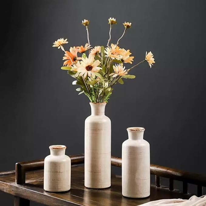 Distressed White Ceramic Vase Set of 3,Small Ceramic Vases for Home Decor,Rustic Farmhouse Vase for Flowers,Decorative Vases for Centerpieces,Table Shelf,Fireplace and Entrance