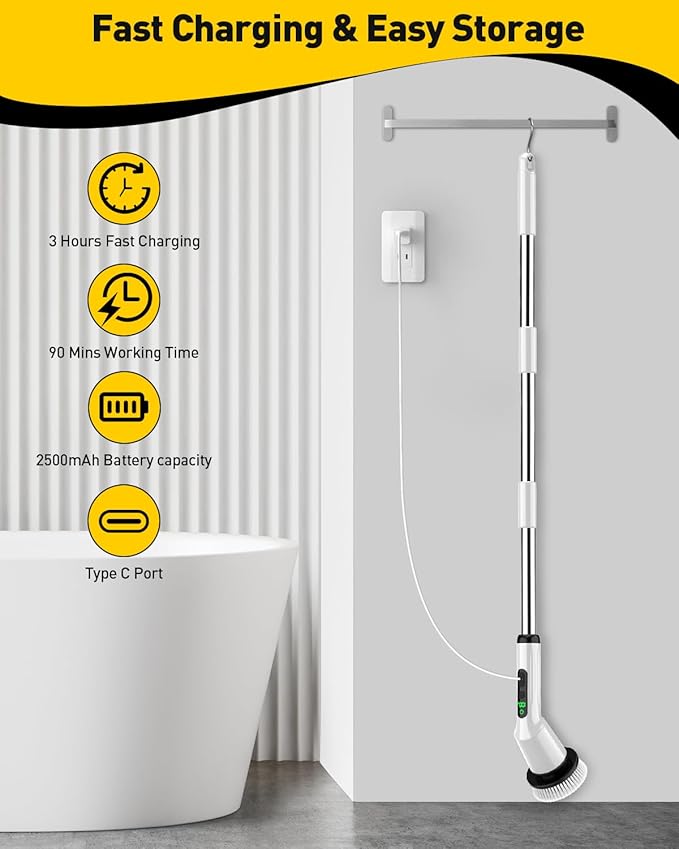 Electric Spin Scrubber for Cleaning Bathroom, Shower Scrubber Cordless Cleaning Brush with IPX7 Waterproof & 2 Speed, 3 Brush Heads, Bathroom Cleaning Supplies for Shower Tub Kitchen Tile Toilet White