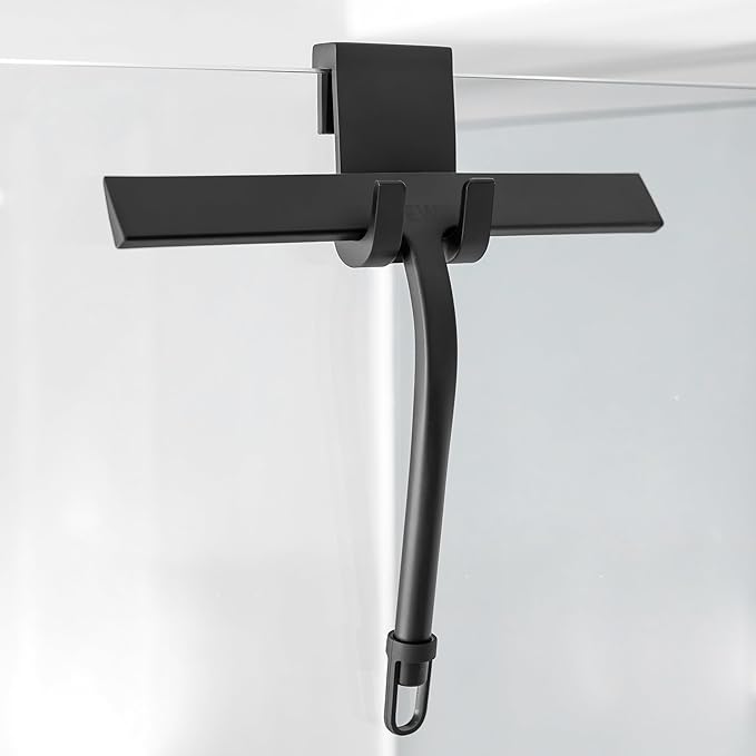 11 inch Squeegee Set with Over Wall Hanger, Suction Cup, and Hook, Glass Cleaning Squeegee for Shower Doors, Windows, Glass Doors, Bathrooms, Mirrors, Car Windshield - Matte Black