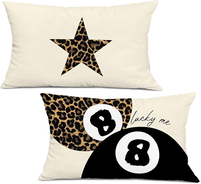 Preppy Pink Lucky 8 Ball Leopard Throw Pillow Covers 20x12,Cheetah Print Room Decor, Trendy Funky Y2K Leopard Print Motivational Decorative Pillow Covers for Girls Room Dorm Apartment,Set of 2
