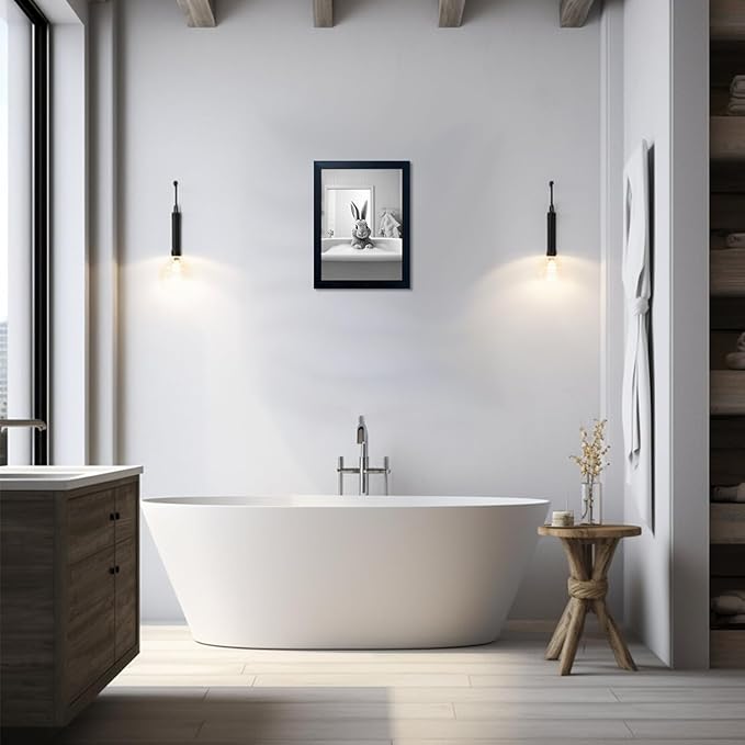 Kids Bathroom Decor, Black and White Cute Animal Canvas Wall Art, Funny Rabbit in Bathtub, Framed Farmhouse Picture Wall Decor Print Artworks for Bathroom