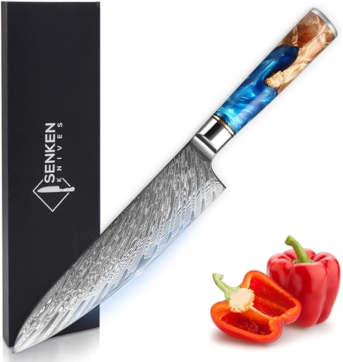 SENKEN Damascus Steel Chef's Knife - Tsunami Collection - 67-Layer Japanese VG10 Steel Core - Unique Blue Resin & Natural Wood Handle, Razor Sharp, Beautiful Damascus Wave Pattern (8" Chef's Knife)