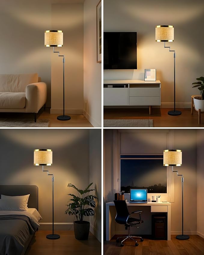 Lightdot 70IN Black Floor Lamp Dimmable Linen Shade LED Floor Lamps with 3000K for Wedding/Party,350 Degree Swing Arms, Modern Tall Lamp for for Reading, Sewing, and Craft (Bulbs Included)