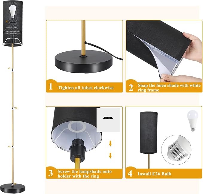 BoostArea Floor Lamps for Living Room with 9W Dimmable Led Bulb, 65in Industrial Floor Lamps, Black Classic Tall Lamp for Office, Gold Dimmable Standing Lamp for Bedroom/Kids Room