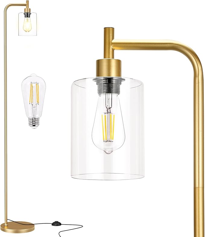 Floor Lamps for Living Room - Industrial Standing Lamp with Glass Shade, Modern Gold Floor Lamp with LED Bulbs, Farmhouse Floor Lamp for Bedroom, Tall Lamp for Office - Gold