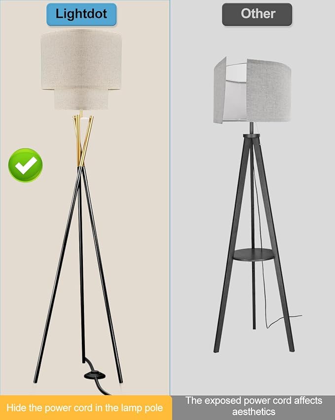 Lightdot Gold Tripod Floor Lamp, Modern Floor Lamp for Living Room, Standing Lamp with Linen Shade, E26 Bulb Included, 66" Tall Floor Lamps for Bedroom, Home Office