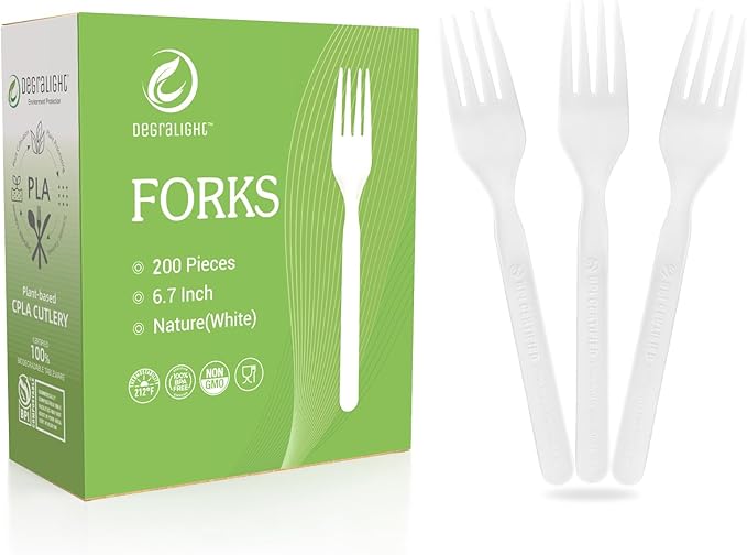 100% Compostable Froks - 200Pcs Heavy Duty Biodegradable Forks Disposable Utensils, BPA-Free, Heat Resistant, BPI Certified Disposable Forks, Eco Friendly Cutlery for Party, Office & Picnic