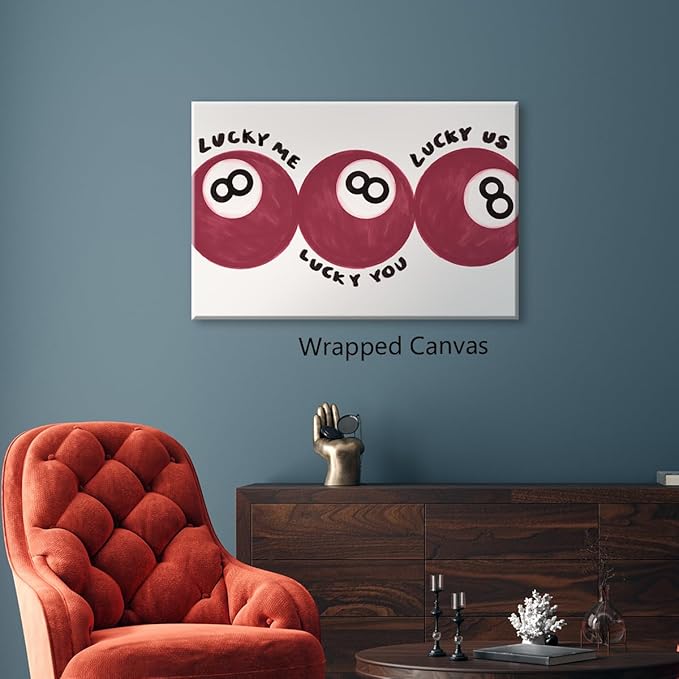 Wodkodnxy Red 8 Ball Poster, Lucky Me Lucky You Lucky Us Quote Canvas Wall Art, Playful Billiards Balls Picture Print, Retro 8ball Pool Painting for Bar Cart Game Room Man Caves Wall 16x24in Unframed