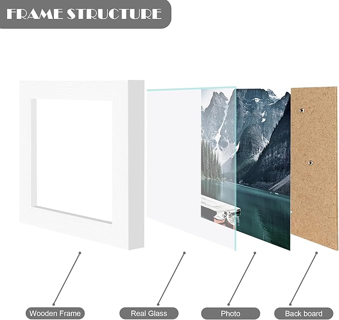 4x4 White Picture Frames set of 3, Made of Wooden and Real Glass Small Square frame - Display on Table Desk Top or Wall Hanging