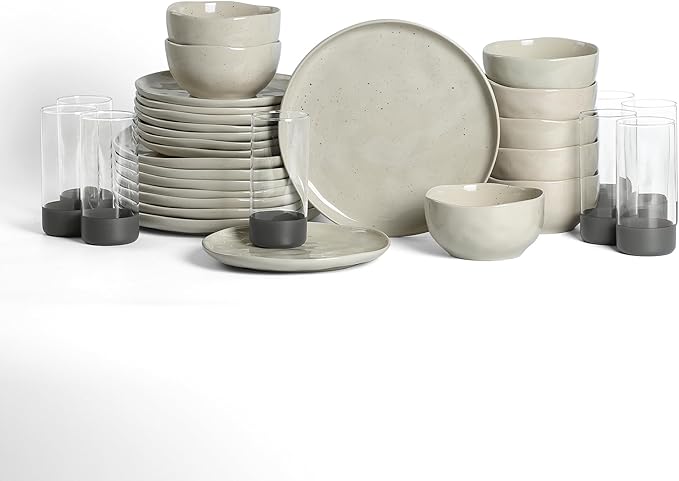 Stone Lain Mirella 32-Piece Dinnerware Set Stoneware, Borosilicate Glass, Beige
