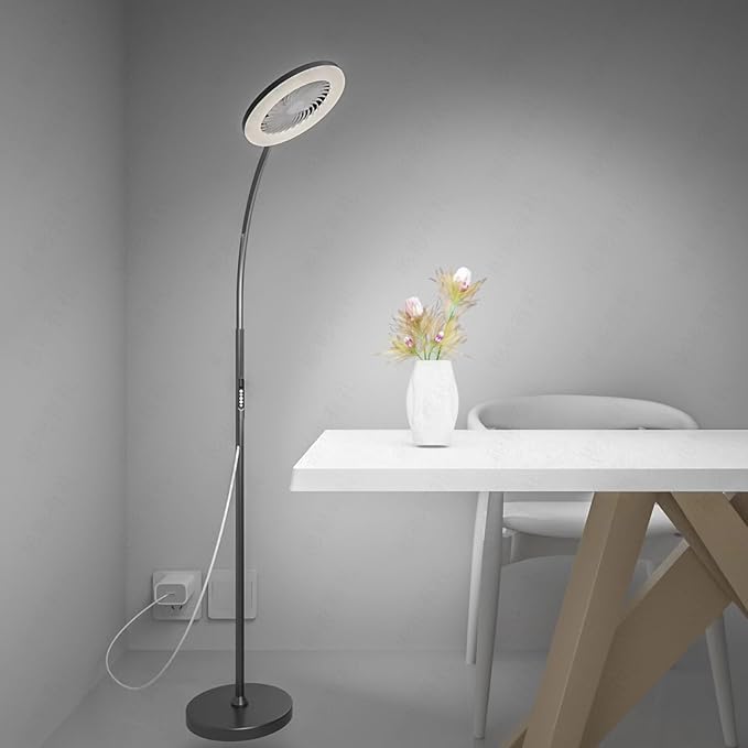 Pedestal Fan for Bedroom, Floor Lamp with Fan RGB 18w/1500lm, 3-Speed Stand Fan Stepless Adjustable 3000K-6000K Color and Dimmer, Remote and Button Control, Adjustable Gooseneck Gloor Lamp (Black)