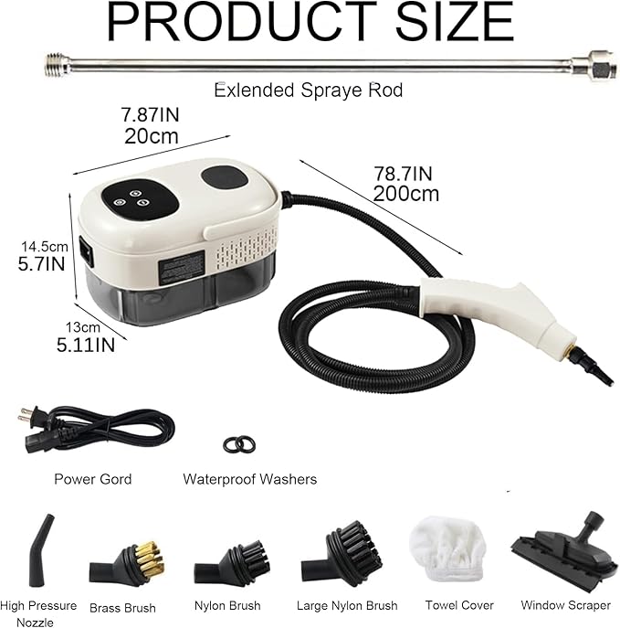 Touchscreen Steam Cleaner 1100ML 2500W High Temperature Pressure Handheld Steam Cleaning Machine with Brush Heads and Gloves 7 in 1 for Car Floor Kitchen Bathroom Window Furniture (White)