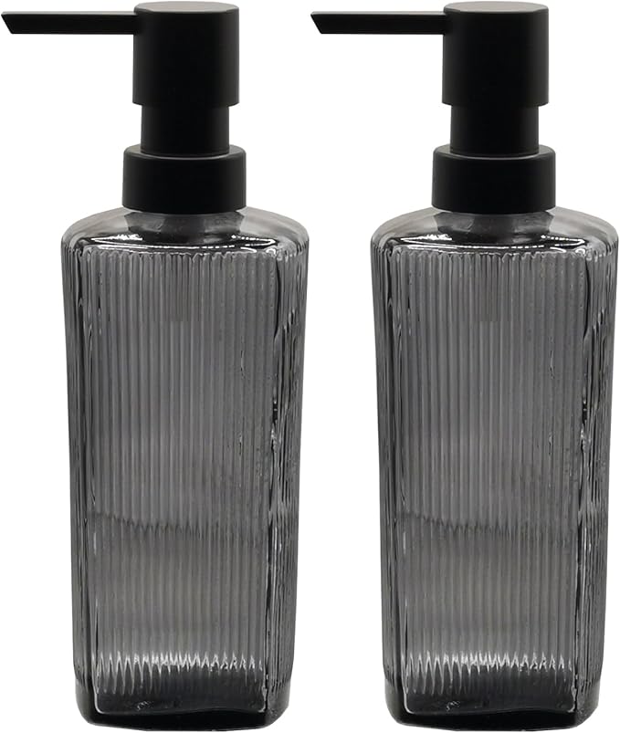 Gray Glass Soap Dispenser Set with Black Pump, 12oz Refillable Liquid Hand Dispenser, Lotion Dish Soap Dispenser for Modern Home Decor, Bathroom, Kitchen Countertop, Hotel(2 Pack)
