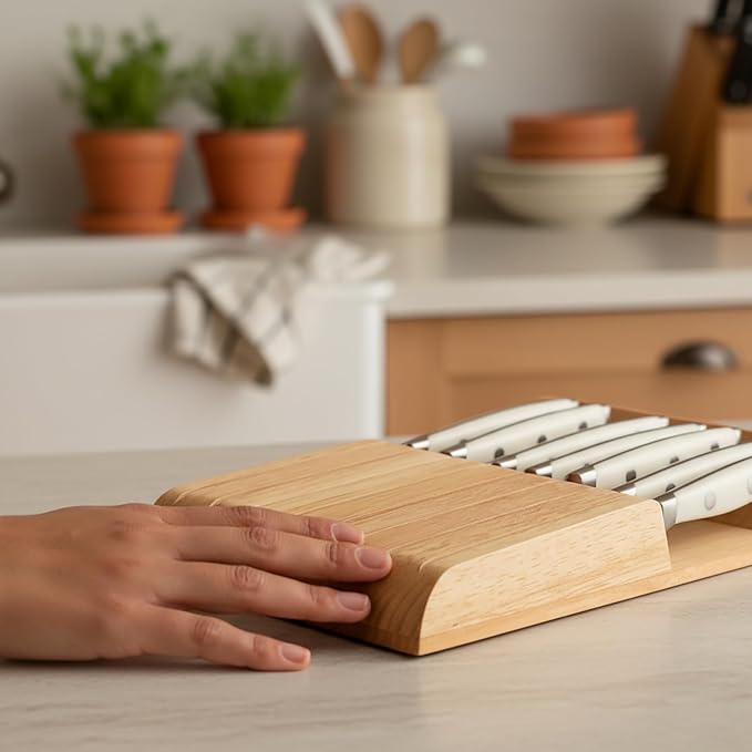 Alata 8-Piece White Steak Knives Set with Block, Stainless Steel Steak Knife set with Serrated Edge, Razor-Sharp, Full-Tang Construction, Dishwasher Safe