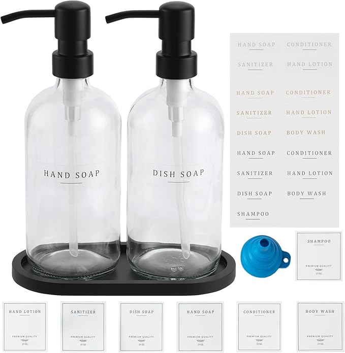 Glass Soap Dispenser - Dish Soap Dispenser for Kitchen, Hand Soap Dispenser Set, Bathroom Soap Dispenser with 304 Rust Proof Pump, Soap Dispenser for Kitchen with Tray, Clear Bottle/Black Pump