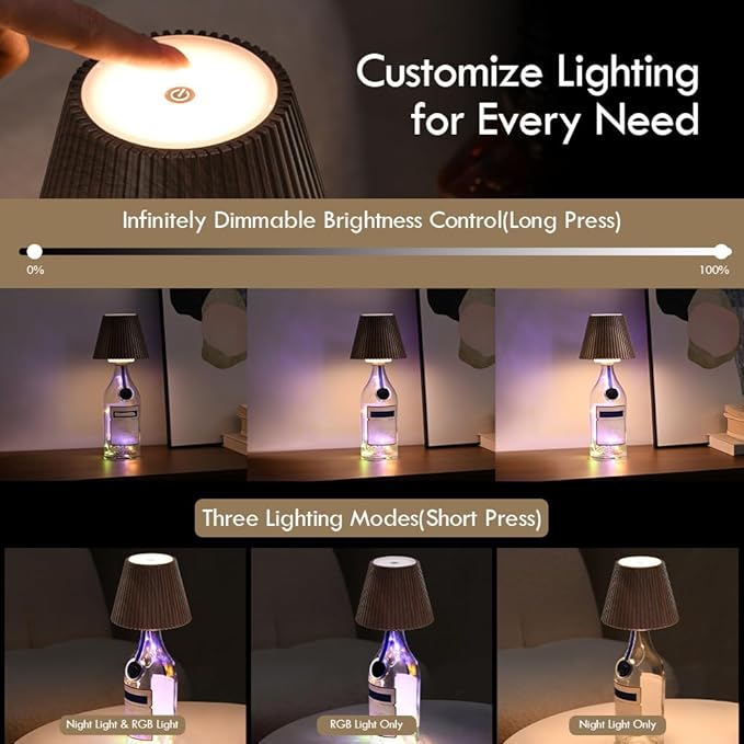 WILIT Wine Bottle Lights - 3-Level Brightness Rechargeable RGB Lamp Shade for Home Bar Decor, Cordless Table Lamp for Bedroom, Gifts for Her & Him