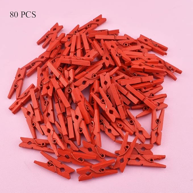HAHIYO Red Wooden Clothes Pins Clothespins Mini Aviod Fall Apart 1 Inches Length 80 Pack Strong Springs No Rust No Discoloration for Laundry Bathroom DIY Craft Photos Food Opened Bags