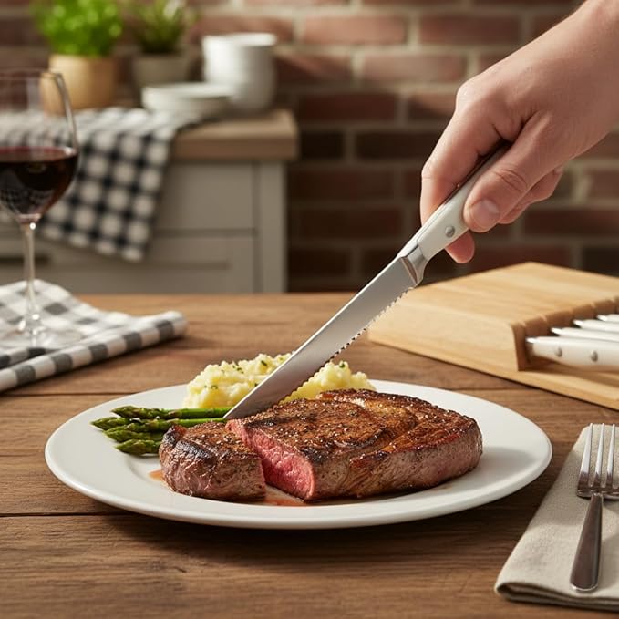 Alata 8-Piece White Steak Knives Set with Block, Stainless Steel Steak Knife set with Serrated Edge, Razor-Sharp, Full-Tang Construction, Dishwasher Safe