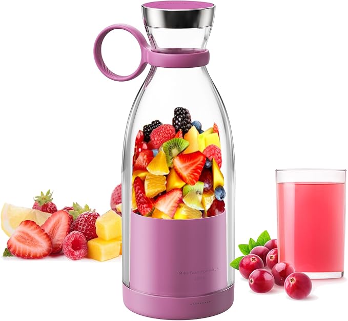 Asa Vea Mini Blender for Smoothies and Milkshakes, Portable Blender, Rechargeable, Personal Size Blender with Quota Outer Travel Lid with 4 Blades, 11 oz for Outdoors, Camping (Purple)