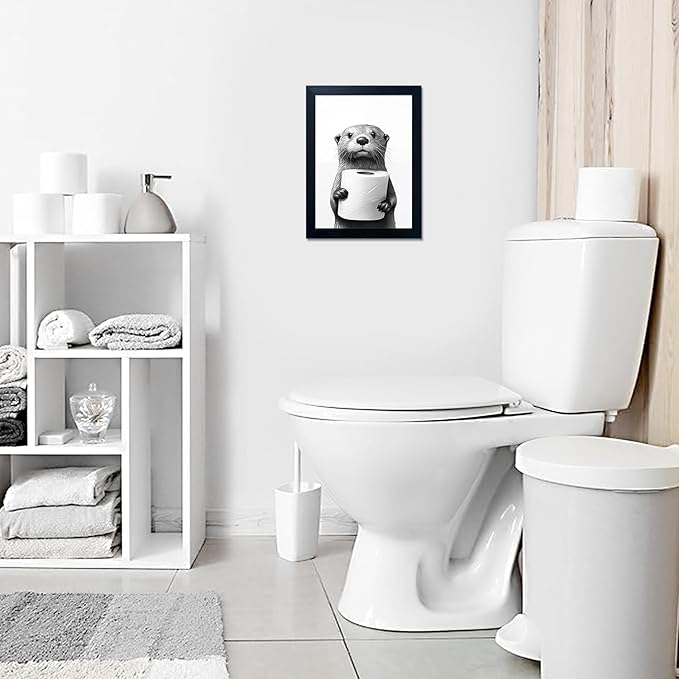 Funny Bathroom Wall Decor Framed Black and White Bathroom Wall Art Toilet Paper in Little Funny Raccoon's Hand Animal Canvas Print Painting Artworks
