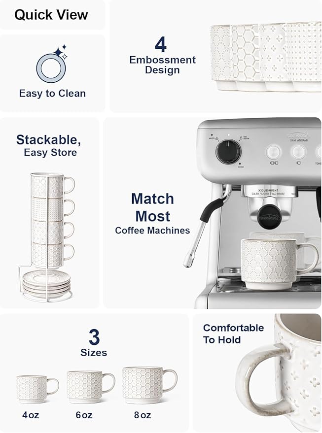 LE TAUCI Stackable Cappuccino Cups 8 oz with Saucers and Stand, Ceramic Large Latte Cup for Au Lait, Cafe, Mocha,Tea, Dishwasher Oven Safe - Set of 4, Arctic white