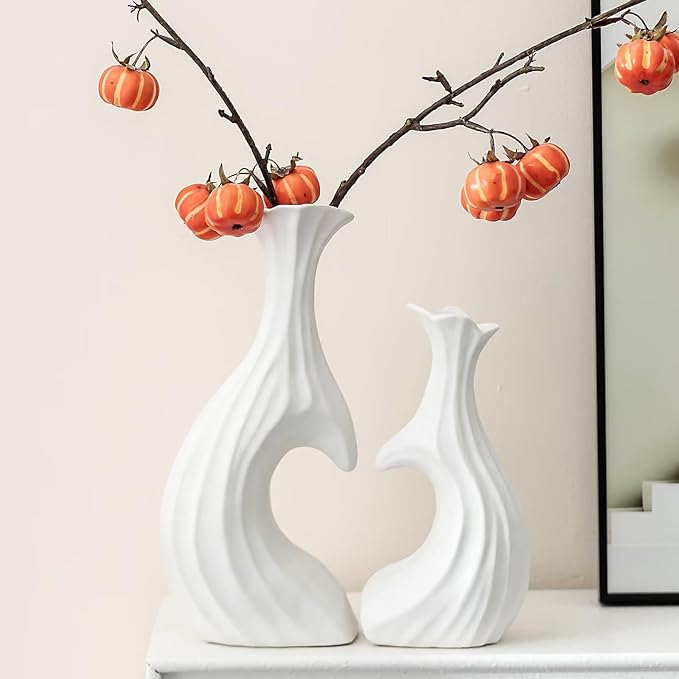 Ceramic Vases for Home Decor, Modern Heart Shaped Vase Set of 2, Matte Farmhouse Dried Fake Flowers Vase for Office, Living, Dining Room, Kitchen