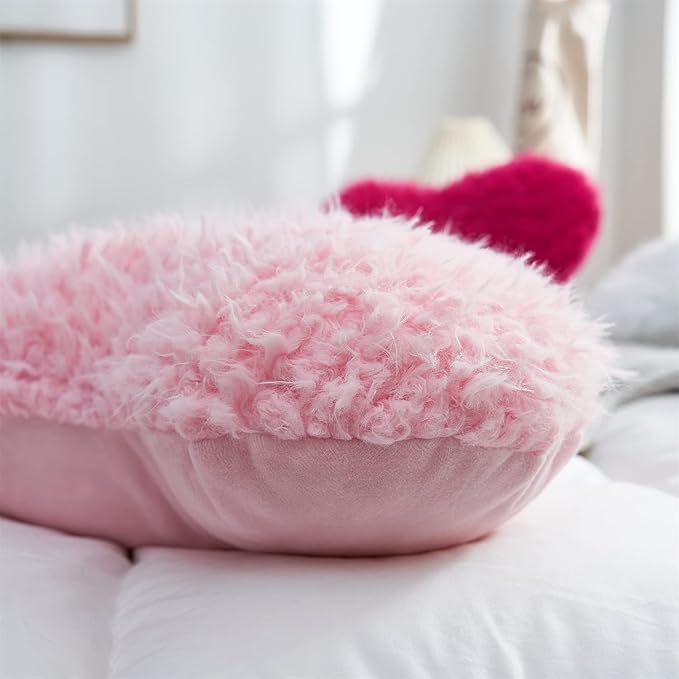MOOWOO Pink Girl Heart Throw Pillow with Pillow Cover and Insert,Love Pillow,Valentines Day Decor, Shaggy Faux Fur Fluffy Pillow, Gift for Mothers,Girls (Pink,Heart Shape-15.7X15.7Inches)