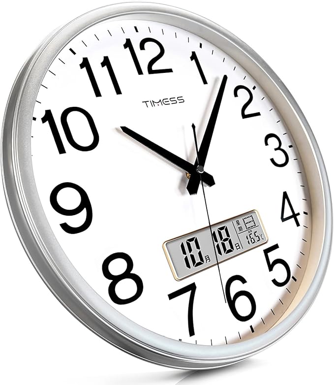 Wall Clock, 13 Inch Non-Ticking Silent Battery Operated Quartz Analog with LCD Display for Perpetual Calendar and F° Temperature, Ideal Modern Home, Bedroom, Kitchen, Office Décor (Sliver)