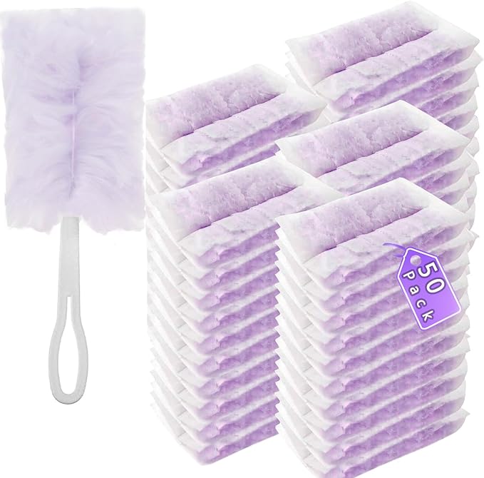 Duster Refills Compatible with Swiffer Duster, Heavy Duty Multi Surface Duster Replacement with 1 Extra Handle for Cleaning Furniture, Blinds, Ceiling Fans and Car (Purple-50Pack)