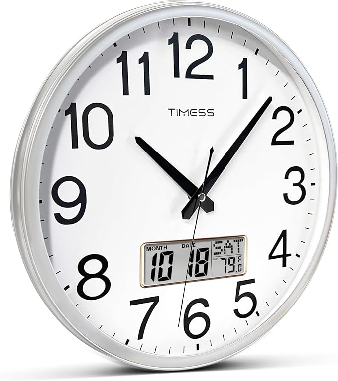 Wall Clock, 16 Inch Non-Ticking Silent Battery Operated Quartz Analog with LCD Display for Perpetual Calendar and F° Temperature, Ideal Modern Home, Bedroom, Kitchen, Office Décor (Sliver)