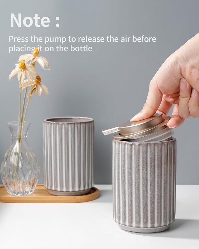 Foaming Soap Dispenser, Ceramic Refillable Foam Hand Soap Pump for Bathroom and Kitchen, Lotion Dispenser, Brown Foaming Dish Soap Dispenser, Modern Stripe Design, ANTIS'S HOME