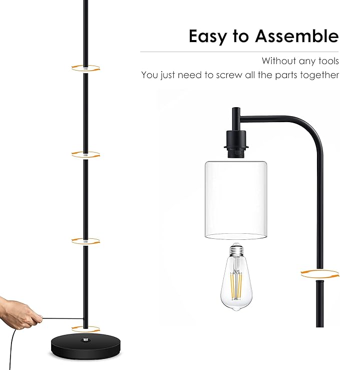 BoostArea Standing Lamp with Glass Shade, Modern Industrial Floor Lamp with Foot Switch, Bright 6W LED for Living Room and Bedroom